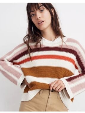 Madewell Valleyscape Pullover Striped Boxy Cropped Relaxed Fit Sweater, L